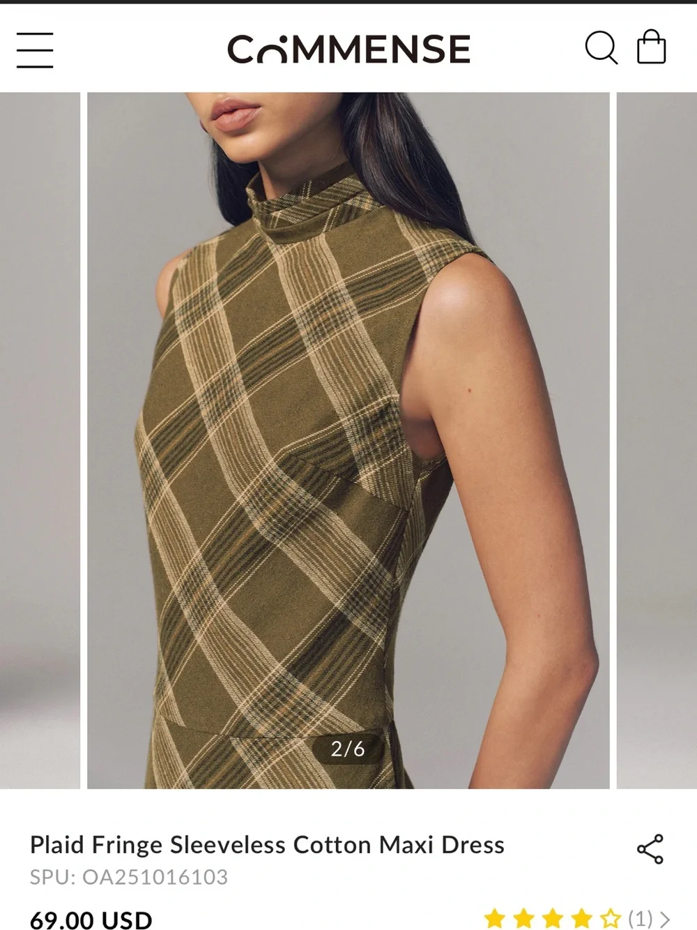 COMMENSE Olive Plaid Fringe Sleeveless Cotton Maxi Dress NWT size medium - Picture 2 of 7